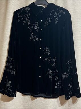 J. Jill Black Silk Blend Velvet Embroidered Button Down Blouse XL Whimsygoth